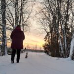 Henkilö kävelee pois päin talvisella tiellä, koira juoksee hänen edellään. Kuvituskuva.